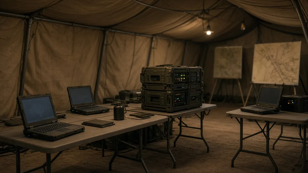 Tactical operations center inside a field tent with rugged laptops and equipment racks