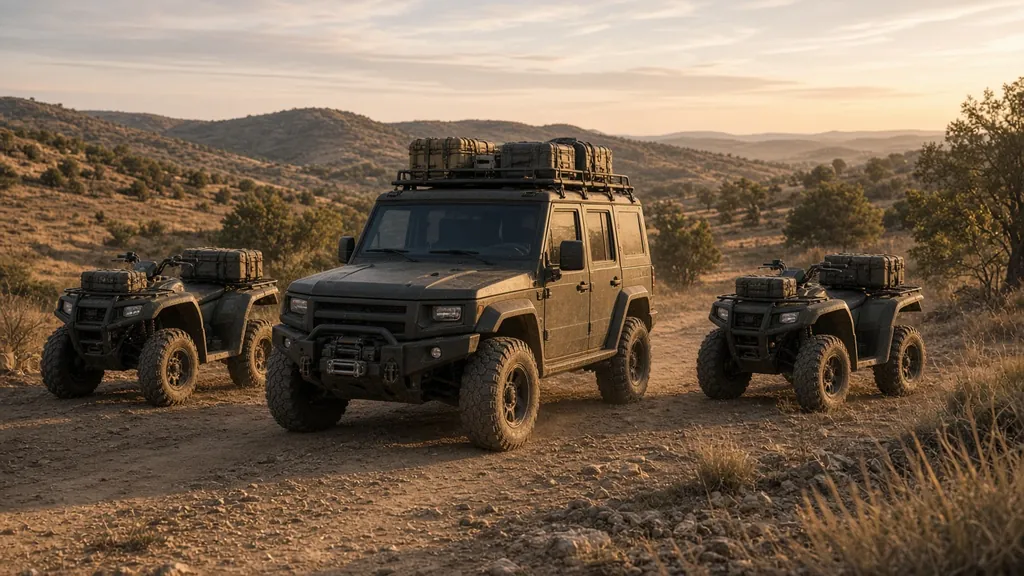 Unmarked tactical utility vehicle and two ATVs loaded with rugged equipment cases